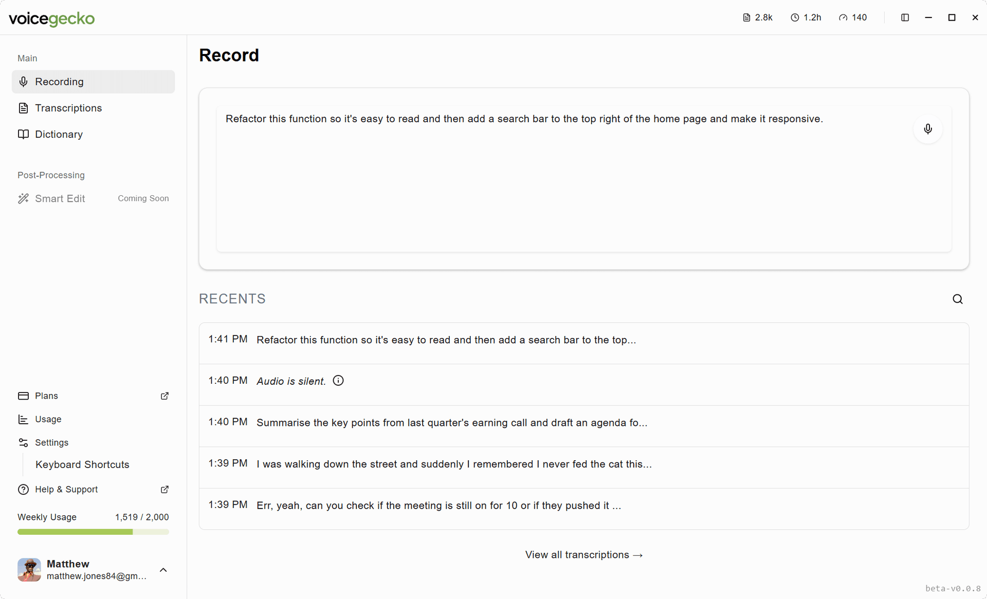 VoiceGecko productivity interface showing task organization and collaboration features